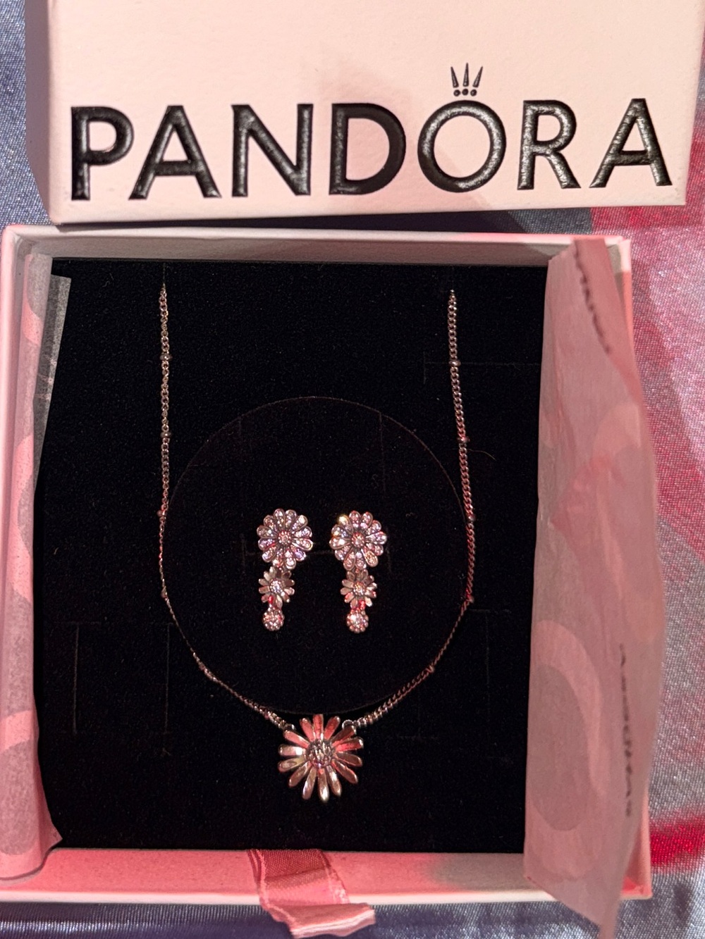 Pandora Silver Floral Necklace and Drop Earrings Set